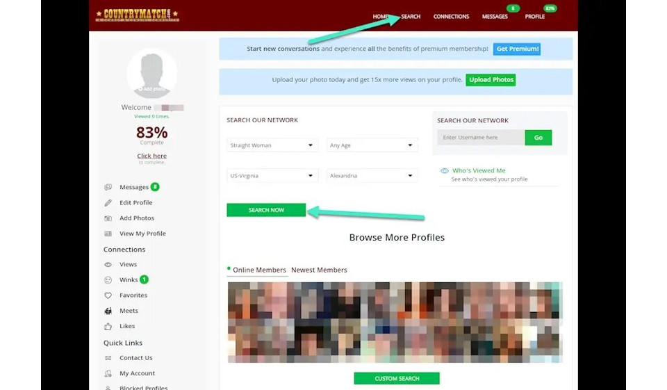Processo di ricerca sul sito di incontri CountryMatch