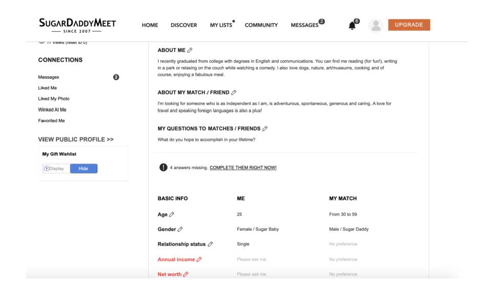 Funzione di ricerca del sito web SugarDaddyMeet