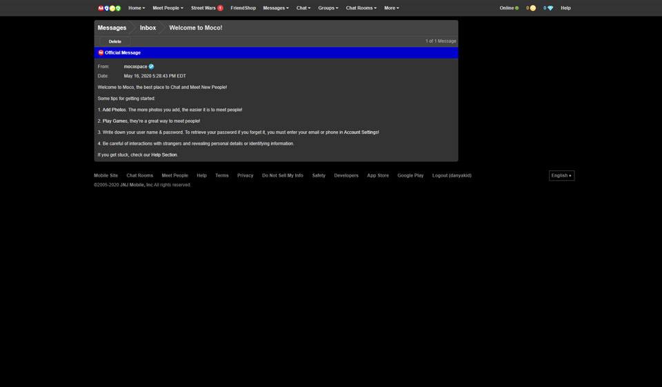 Processo di registrazione e creazione del profilo di MocoSpace
