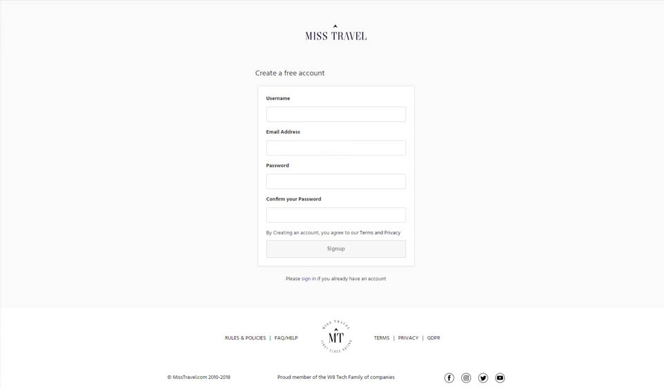 Processo di registrazione e profilo utente di Miss Travel