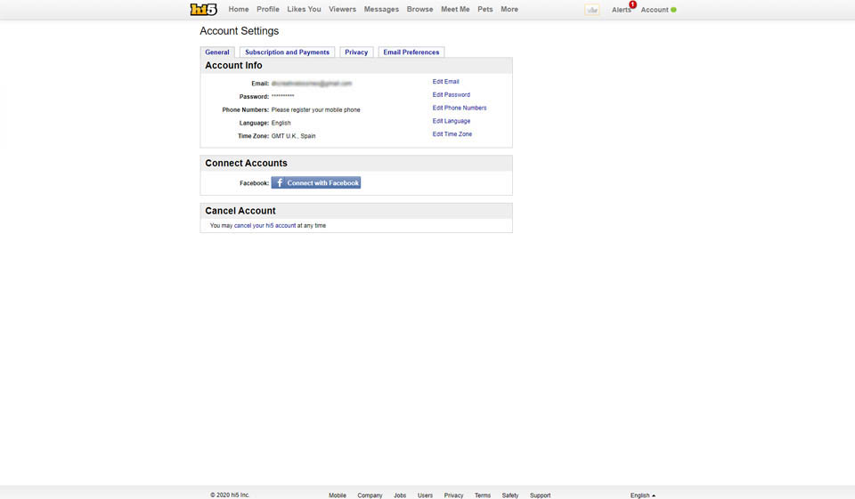 Opzioni di iscrizione Hi5